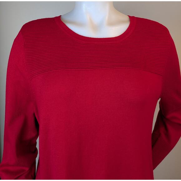 Chico’s Tunic Sweater Large Red Ribbed Yoke Zip Sleeve Split Hem Holiday Chic - Picture 4 of 11